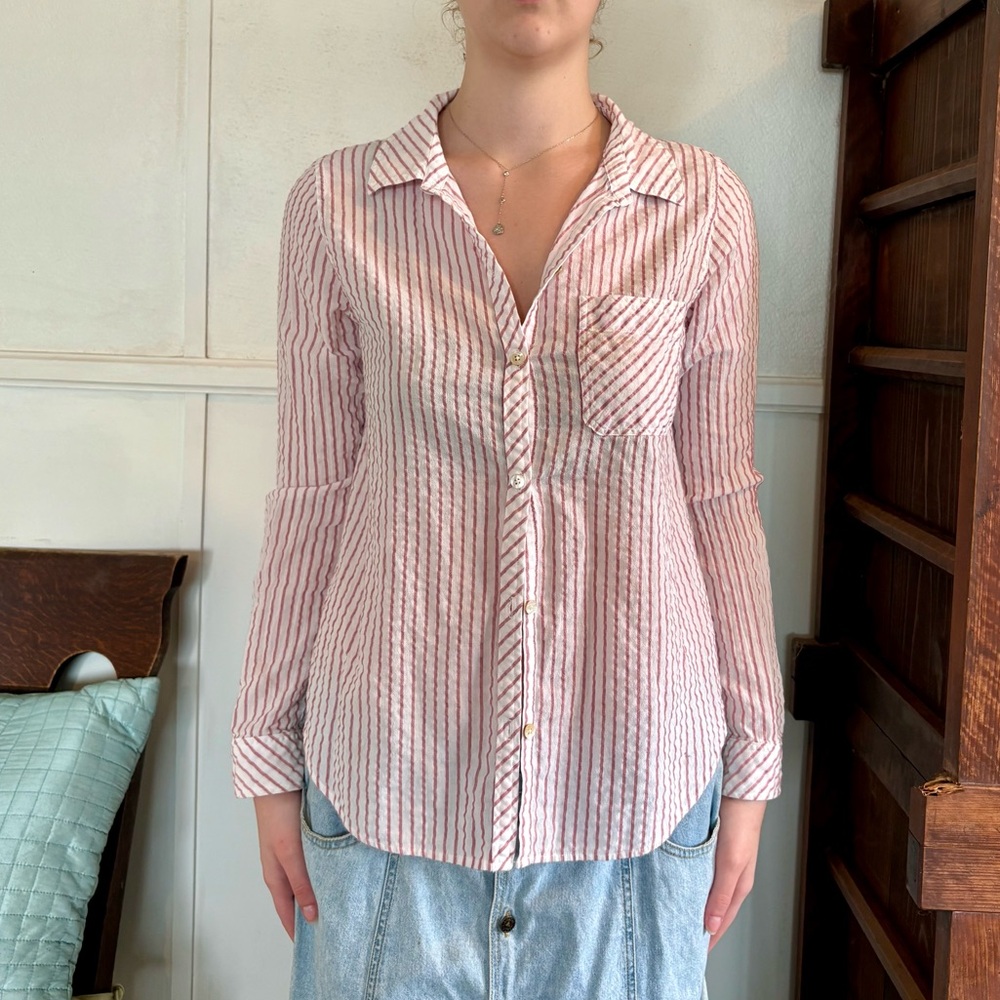 Faherty Striped Red and White Cotton Gauze Button-Up Women's Top